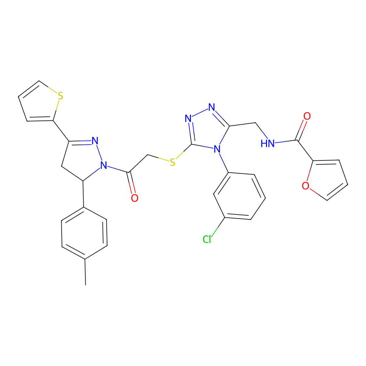 N-[[4-(3-chlorophenyl)-5-[2-[3-(4-methylphenyl)-5-thiophen-2-yl-3,4-dihydropyrazol-2-yl]-2-oxoethyl]sulfanyl-1,2,4-triazol-3-yl]methyl]furan-2-carboxamide molecular structure, CAS 393585-84-7
