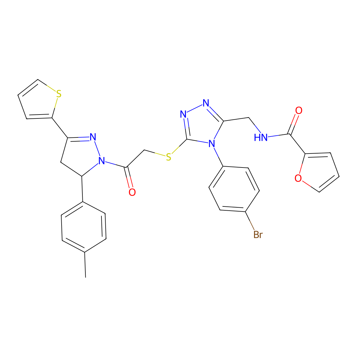 N-[[4-(4-bromophenyl)-5-[2-[3-(4-methylphenyl)-5-thiophen-2-yl-3,4-dihydropyrazol-2-yl]-2-oxoethyl]sulfanyl-1,2,4-triazol-3-yl]methyl]furan-2-carboxamide molecular structure, CAS 393585-86-9