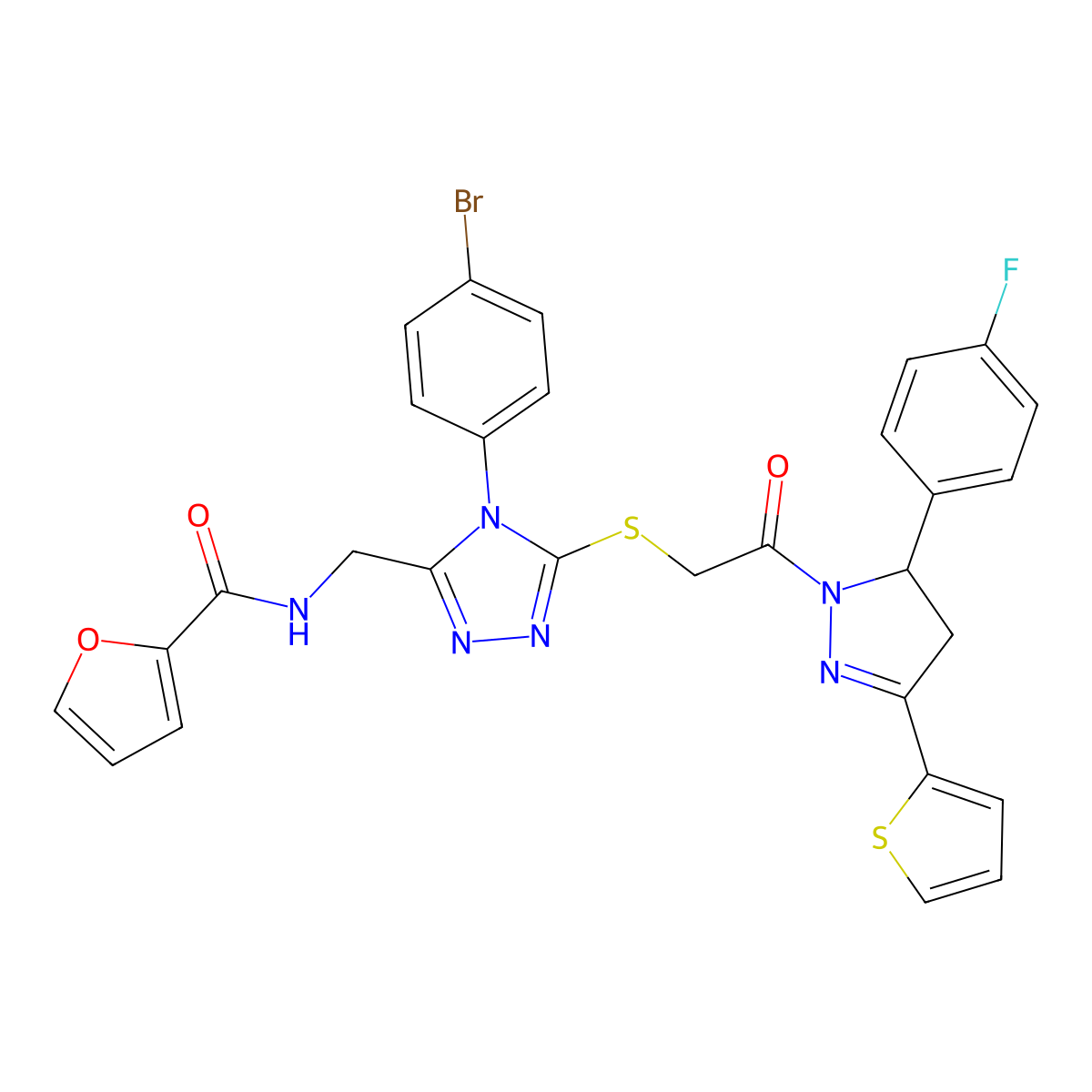 N-[[4-(4-bromophenyl)-5-[2-[3-(4-fluorophenyl)-5-thiophen-2-yl-3,4-dihydropyrazol-2-yl]-2-oxoethyl]sulfanyl-1,2,4-triazol-3-yl]methyl]furan-2-carboxamide molecular structure, CAS 393585-88-1