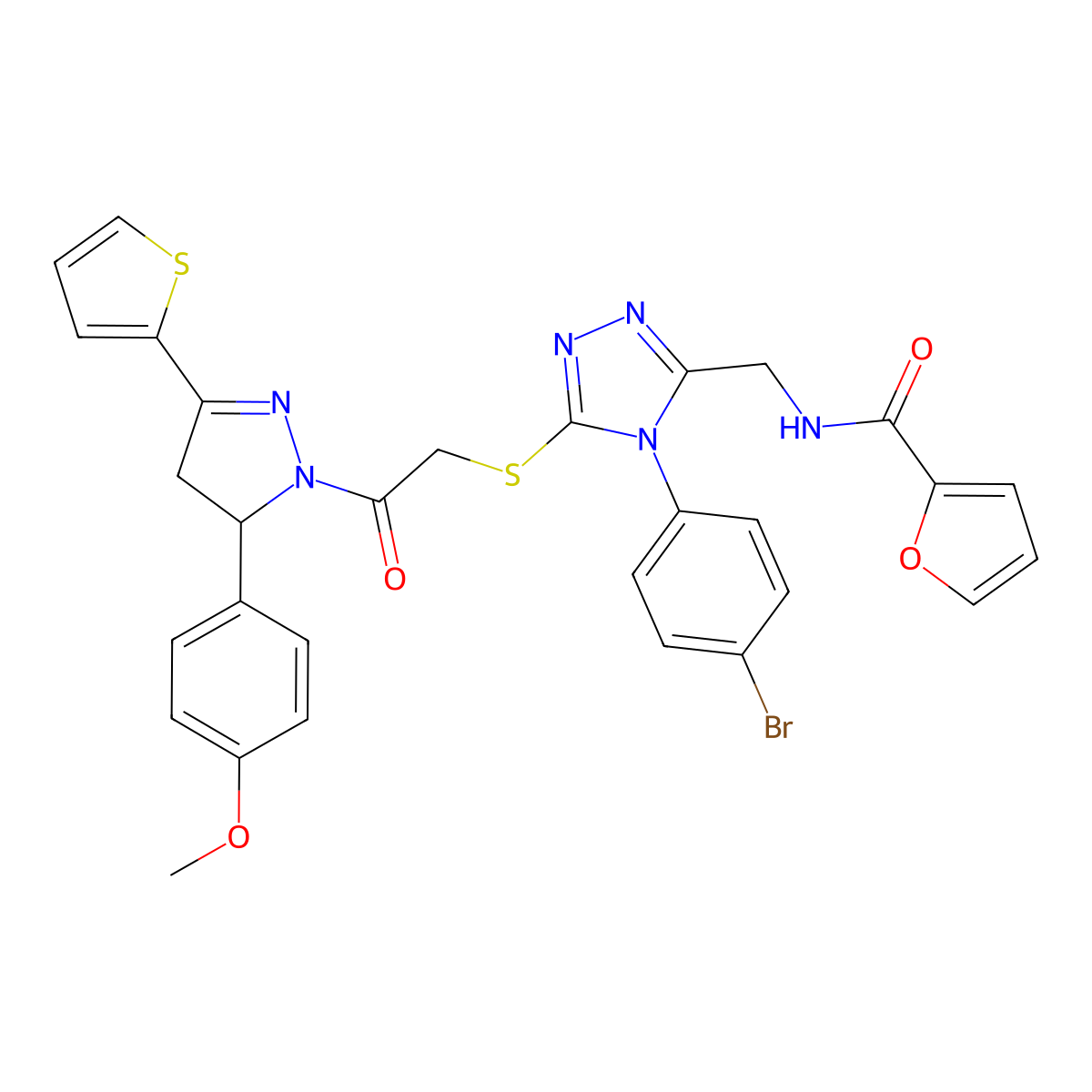 N-((4-(4-bromophenyl)-5-((2-(5-(4-methoxyphenyl)-3-(thiophen-2-yl)-4,5-dihydro-1H-pyrazol-1-yl)-2-oxoethyl)thio)-4H-1,2,4-triazol-3-yl)methyl)furan-2-carboxamide molecular structure, CAS 393585-89-2