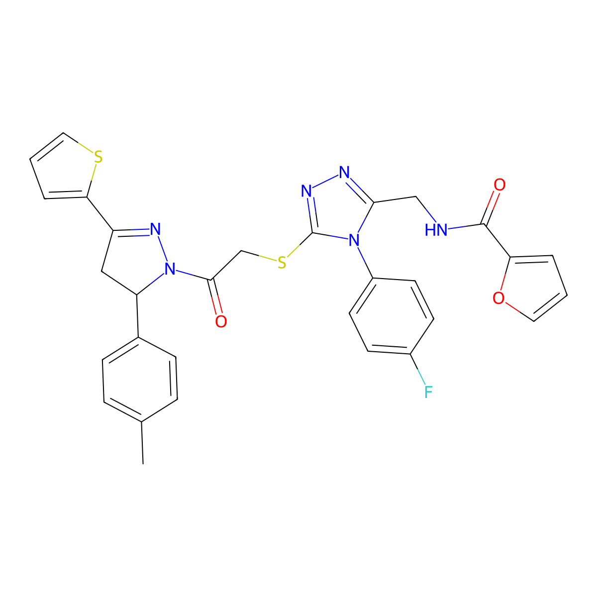 N-[[4-(4-fluorophenyl)-5-[2-[3-(4-methylphenyl)-5-thiophen-2-yl-3,4-dihydropyrazol-2-yl]-2-oxoethyl]sulfanyl-1,2,4-triazol-3-yl]methyl]furan-2-carboxamide molecular structure, CAS 393585-92-7