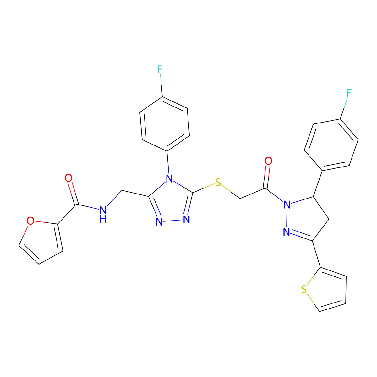 N-((4-(4-fluorophenyl)-5-((2-(5-(4-fluorophenyl)-3-(thiophen-2-yl)-4,5-dihydro-1H-pyrazol-1-yl)-2-oxoethyl)thio)-4H-1,2,4-triazol-3-yl)methyl)furan-2-carboxamide molecular structure, CAS 393585-95-0