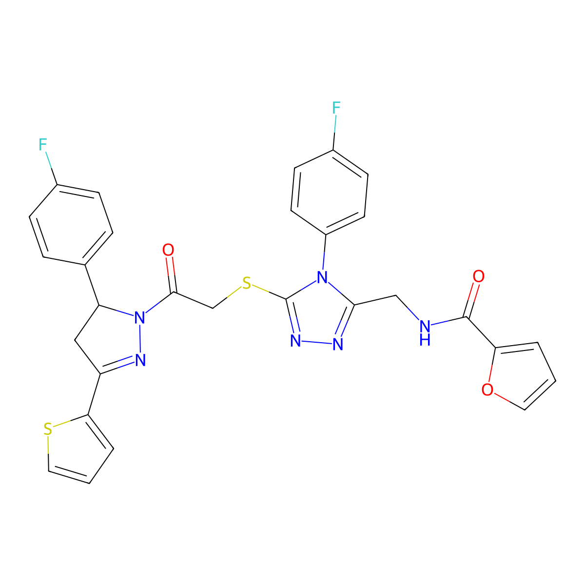 N-((4-(4-fluorophenyl)-5-((2-(5-(4-fluorophenyl)-3-(thiophen-2-yl)-4,5-dihydro-1H-pyrazol-1-yl)-2-oxoethyl)thio)-4H-1,2,4-triazol-3-yl)methyl)furan-2-carboxamide molecular structure, CAS 393585-95-0
