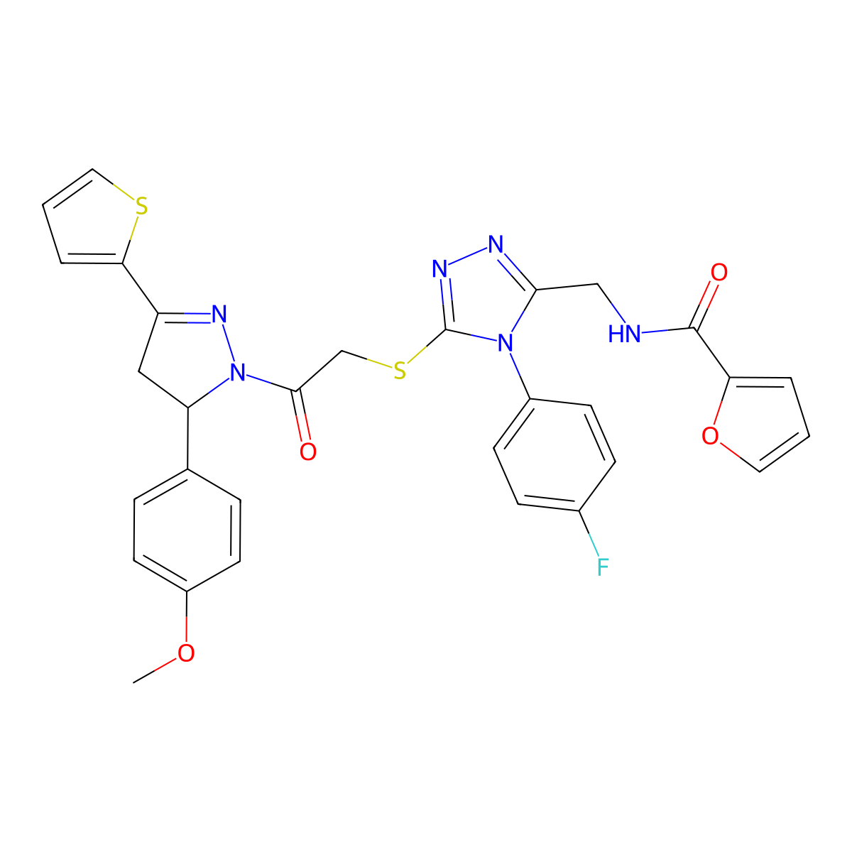 N-((4-(4-fluorophenyl)-5-((2-(5-(4-methoxyphenyl)-3-(thiophen-2-yl)-4,5-dihydro-1H-pyrazol-1-yl)-2-oxoethyl)thio)-4H-1,2,4-triazol-3-yl)methyl)furan-2-carboxamide molecular structure, CAS 393585-96-1