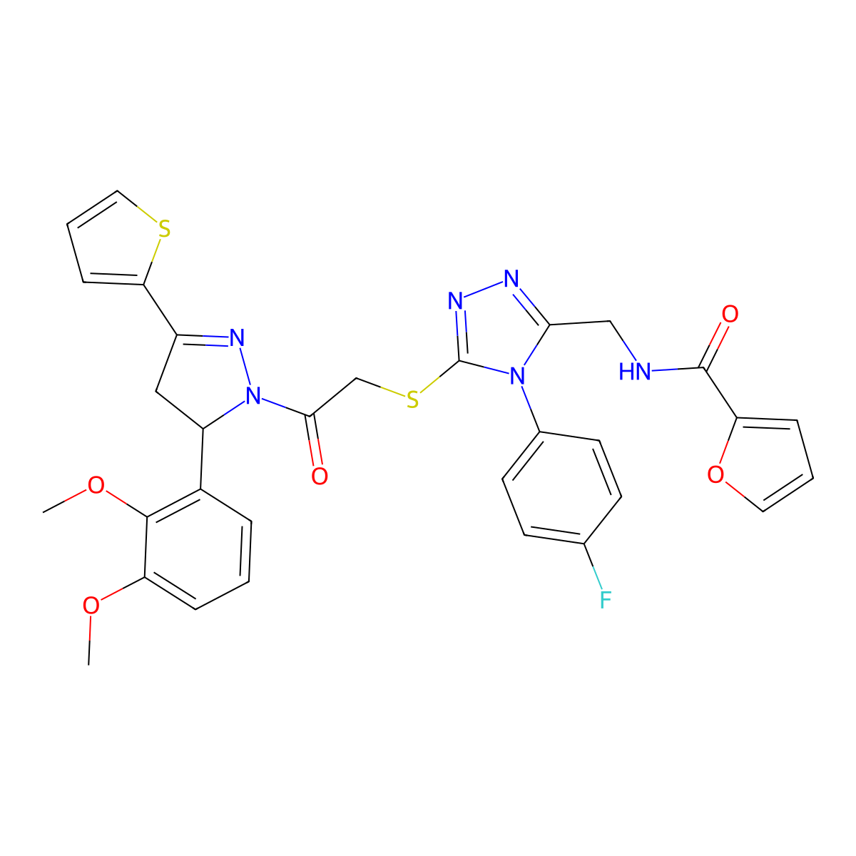 N-((5-((2-(5-(2,3-dimethoxyphenyl)-3-(thiophen-2-yl)-4,5-dihydro-1H-pyrazol-1-yl)-2-oxoethyl)thio)-4-(4-fluorophenyl)-4H-1,2,4-triazol-3-yl)methyl)furan-2-carboxamide molecular structure, CAS 393586-00-0