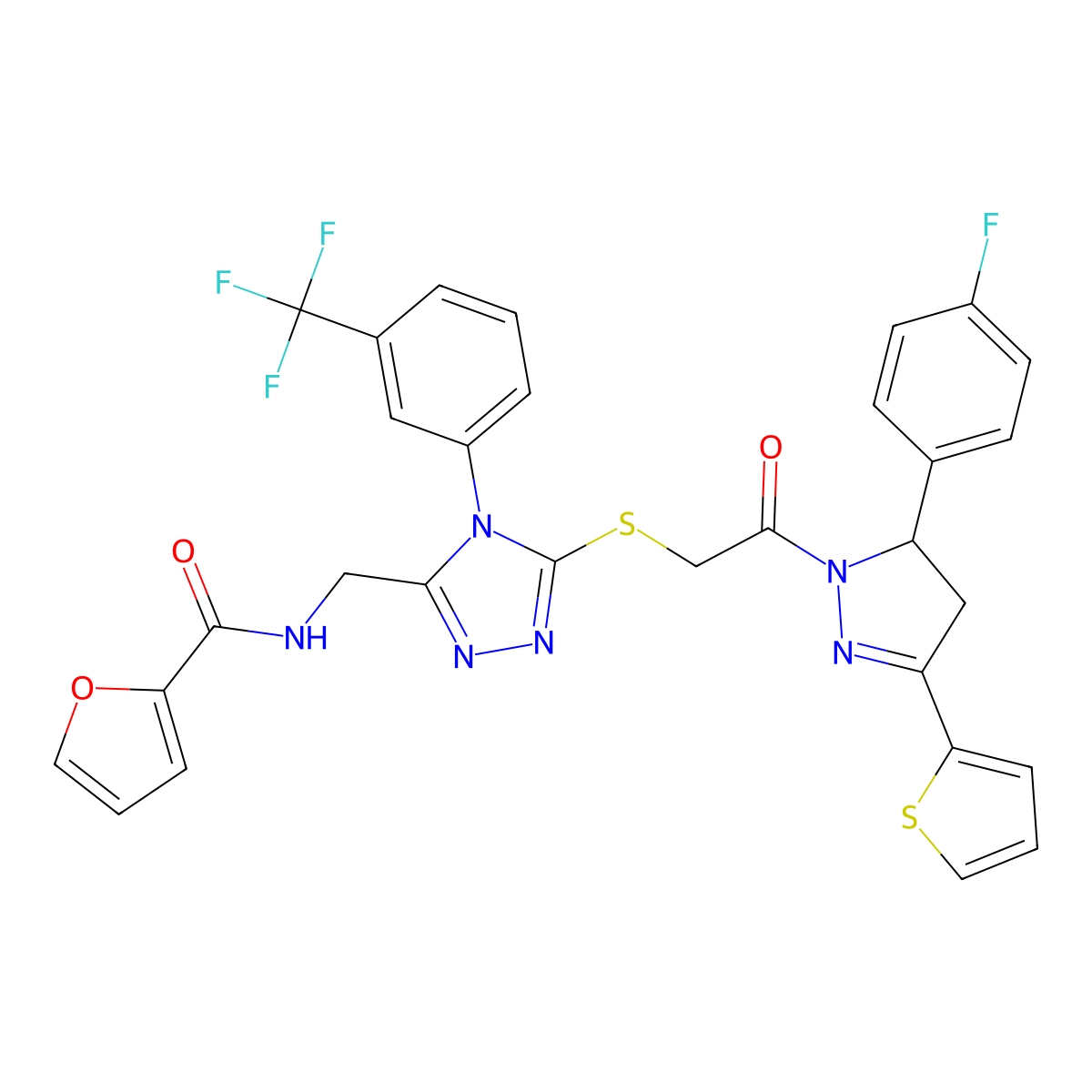 N-((5-((2-(5-(4-fluorophenyl)-3-(thiophen-2-yl)-4,5-dihydro-1H-pyrazol-1-yl)-2-oxoethyl)thio)-4-(3-(trifluoromethyl)phenyl)-4H-1,2,4-triazol-3-yl)methyl)furan-2-carboxamide molecular structure, CAS 393586-01-1