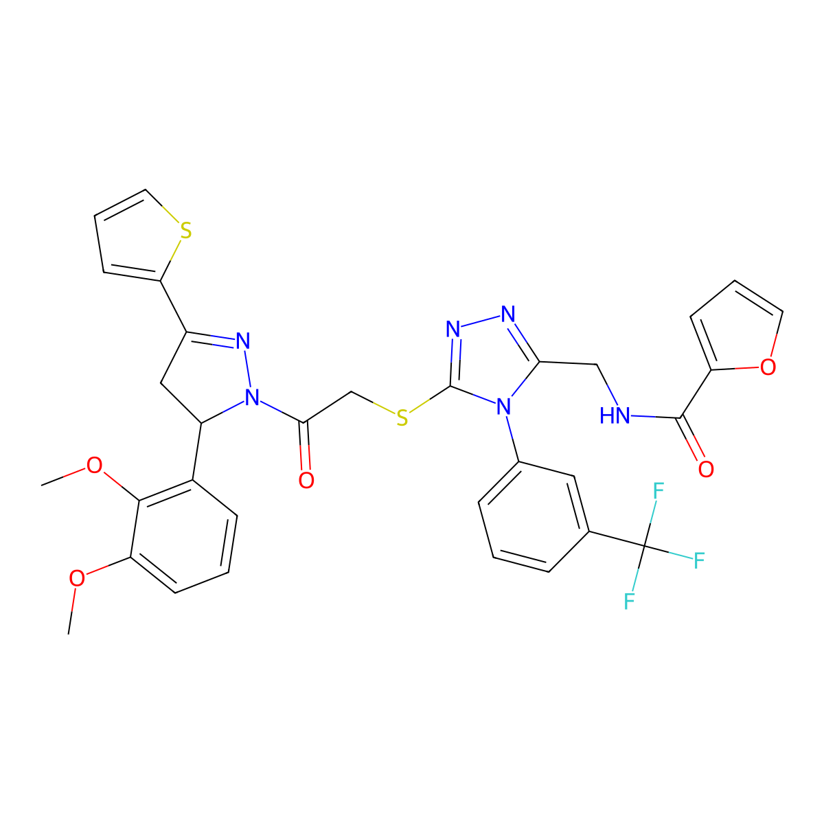 N-((5-((2-(5-(2,3-dimethoxyphenyl)-3-(thiophen-2-yl)-4,5-dihydro-1H-pyrazol-1-yl)-2-oxoethyl)thio)-4-(3-(trifluoromethyl)phenyl)-4H-1,2,4-triazol-3-yl)methyl)furan-2-carboxamide molecular structure, CAS 393586-02-2