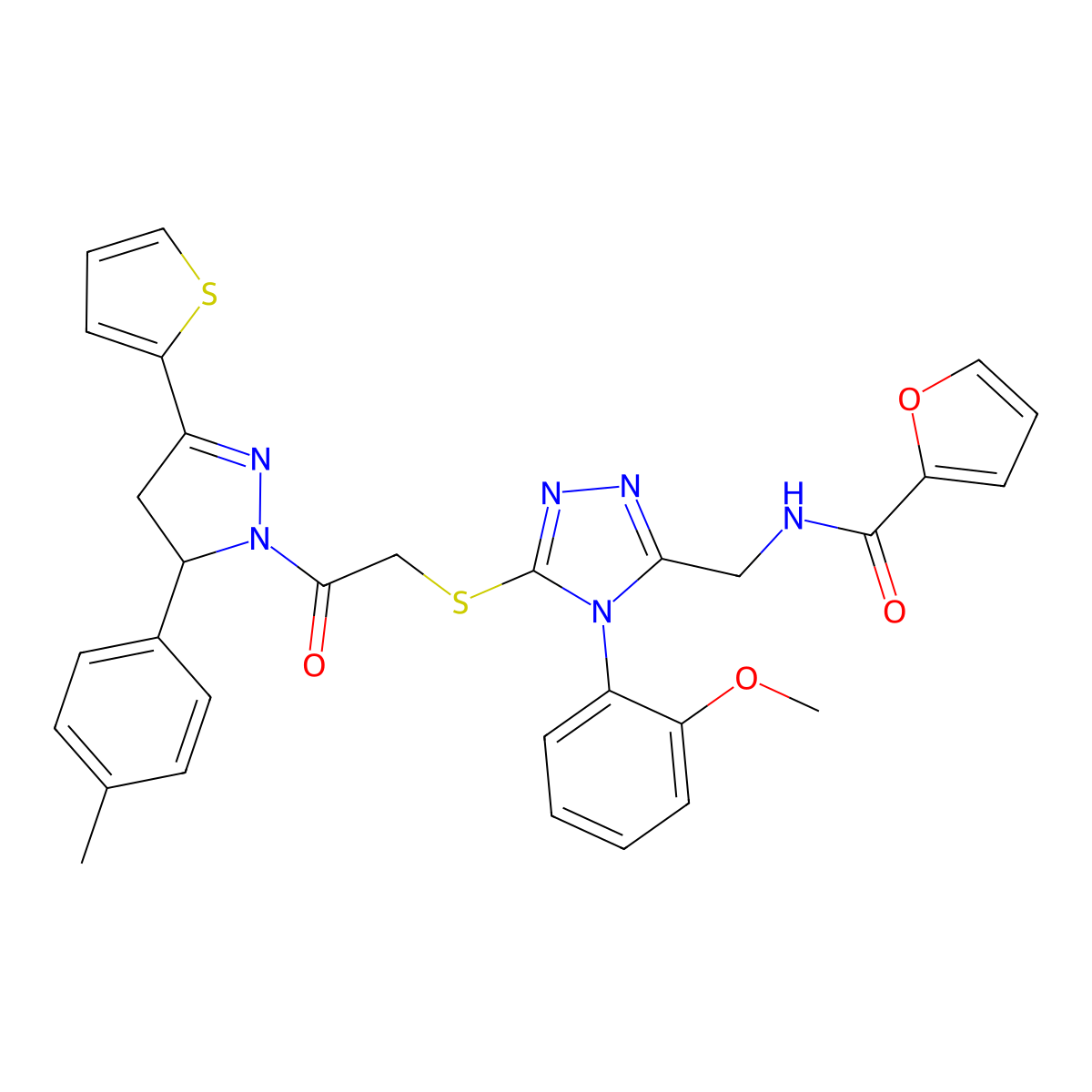 N-[[4-(2-methoxyphenyl)-5-[2-[3-(4-methylphenyl)-5-thiophen-2-yl-3,4-dihydropyrazol-2-yl]-2-oxoethyl]sulfanyl-1,2,4-triazol-3-yl]methyl]furan-2-carboxamide molecular structure, CAS 393586-05-5