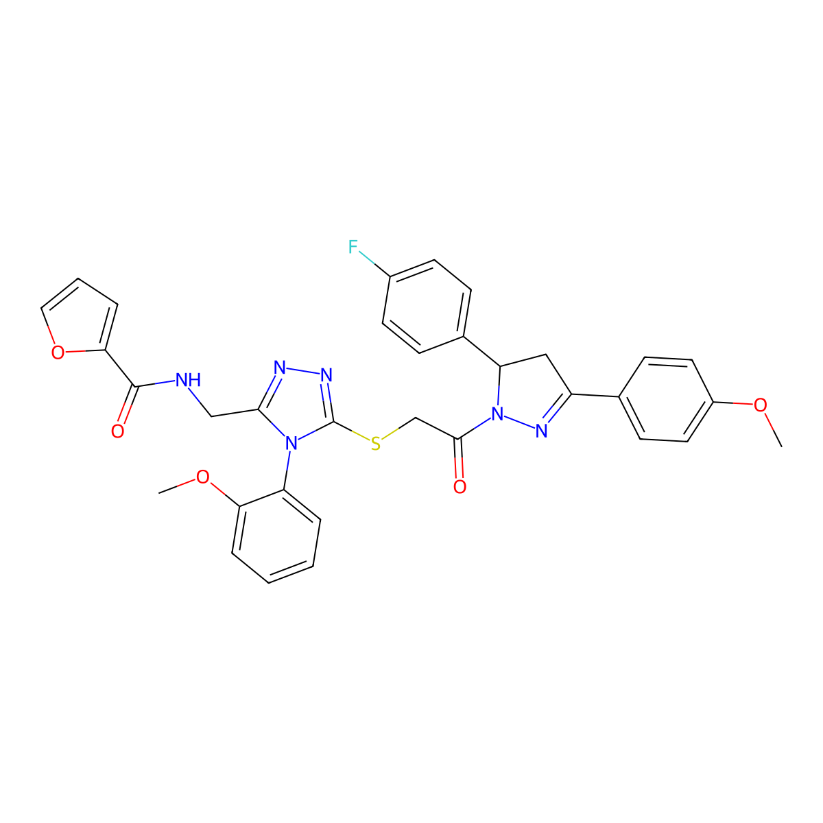 N-((5-((2-(5-(4-fluorophenyl)-3-(4-methoxyphenyl)-4,5-dihydro-1H-pyrazol-1-yl)-2-oxoethyl)thio)-4-(2-methoxyphenyl)-4H-1,2,4-triazol-3-yl)methyl)furan-2-carboxamide molecular structure, CAS 393586-06-6