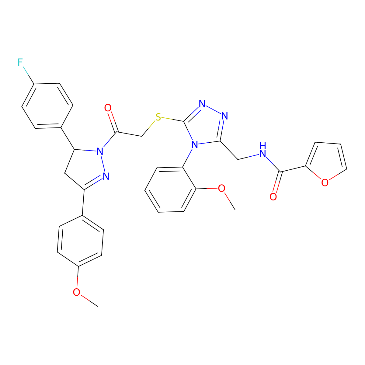 N-((5-((2-(5-(4-fluorophenyl)-3-(4-methoxyphenyl)-4,5-dihydro-1H-pyrazol-1-yl)-2-oxoethyl)thio)-4-(2-methoxyphenyl)-4H-1,2,4-triazol-3-yl)methyl)furan-2-carboxamide molecular structure, CAS 393586-06-6