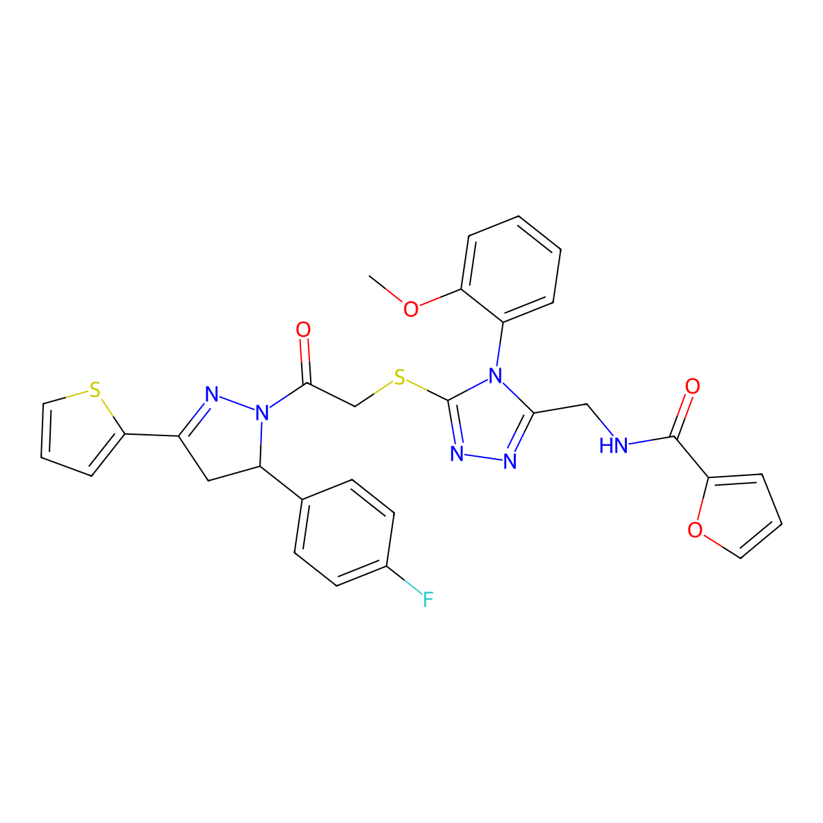 N-((5-((2-(5-(4-fluorophenyl)-3-(thiophen-2-yl)-4,5-dihydro-1H-pyrazol-1-yl)-2-oxoethyl)thio)-4-(2-methoxyphenyl)-4H-1,2,4-triazol-3-yl)methyl)furan-2-carboxamide molecular structure, CAS 393586-08-8