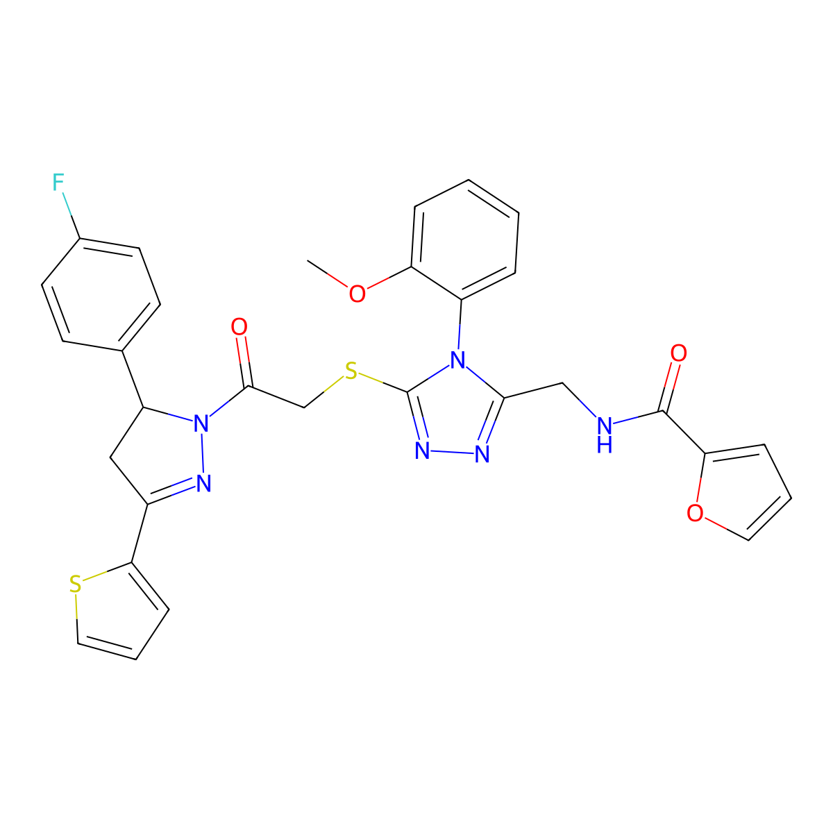 N-((5-((2-(5-(4-fluorophenyl)-3-(thiophen-2-yl)-4,5-dihydro-1H-pyrazol-1-yl)-2-oxoethyl)thio)-4-(2-methoxyphenyl)-4H-1,2,4-triazol-3-yl)methyl)furan-2-carboxamide molecular structure, CAS 393586-08-8