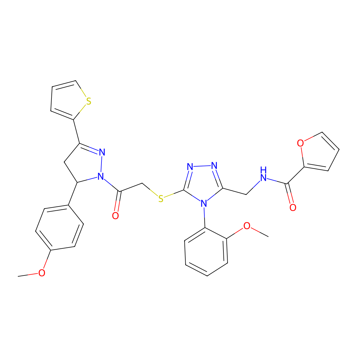 N-[[4-(2-methoxyphenyl)-5-[2-[3-(4-methoxyphenyl)-5-thiophen-2-yl-3,4-dihydropyrazol-2-yl]-2-oxoethyl]sulfanyl-1,2,4-triazol-3-yl]methyl]furan-2-carboxamide molecular structure, CAS 393586-09-9