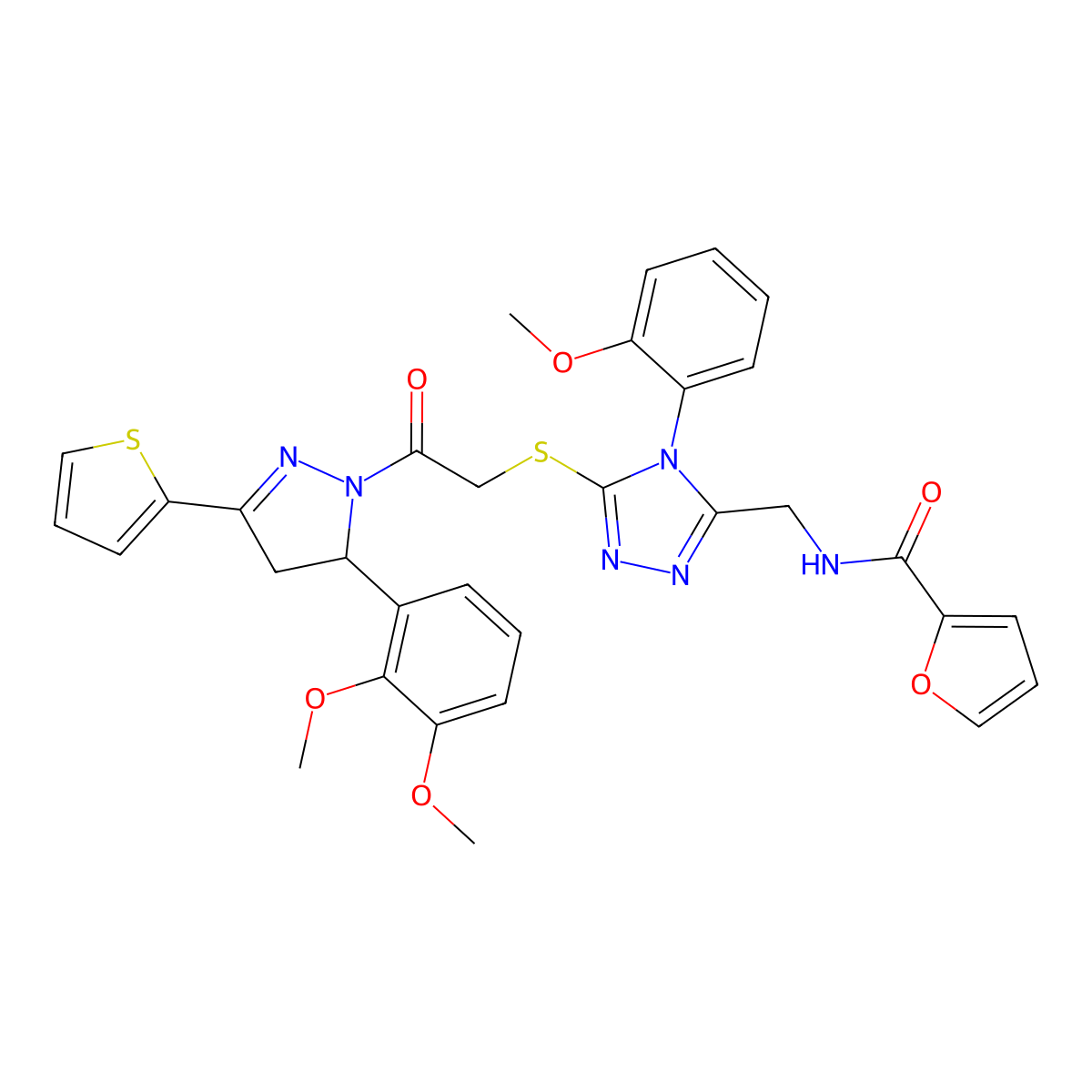 N-[[5-[2-[3-(2,3-dimethoxyphenyl)-5-thiophen-2-yl-3,4-dihydropyrazol-2-yl]-2-oxoethyl]sulfanyl-4-(2-methoxyphenyl)-1,2,4-triazol-3-yl]methyl]furan-2-carboxamide molecular structure, CAS 393586-12-4