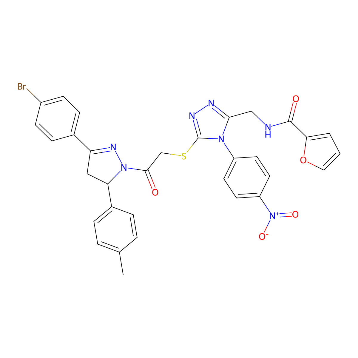 N-[[5-[2-[5-(4-bromophenyl)-3-(4-methylphenyl)-3,4-dihydropyrazol-2-yl]-2-oxoethyl]sulfanyl-4-(4-nitrophenyl)-1,2,4-triazol-3-yl]methyl]furan-2-carboxamide molecular structure, CAS 393586-13-5