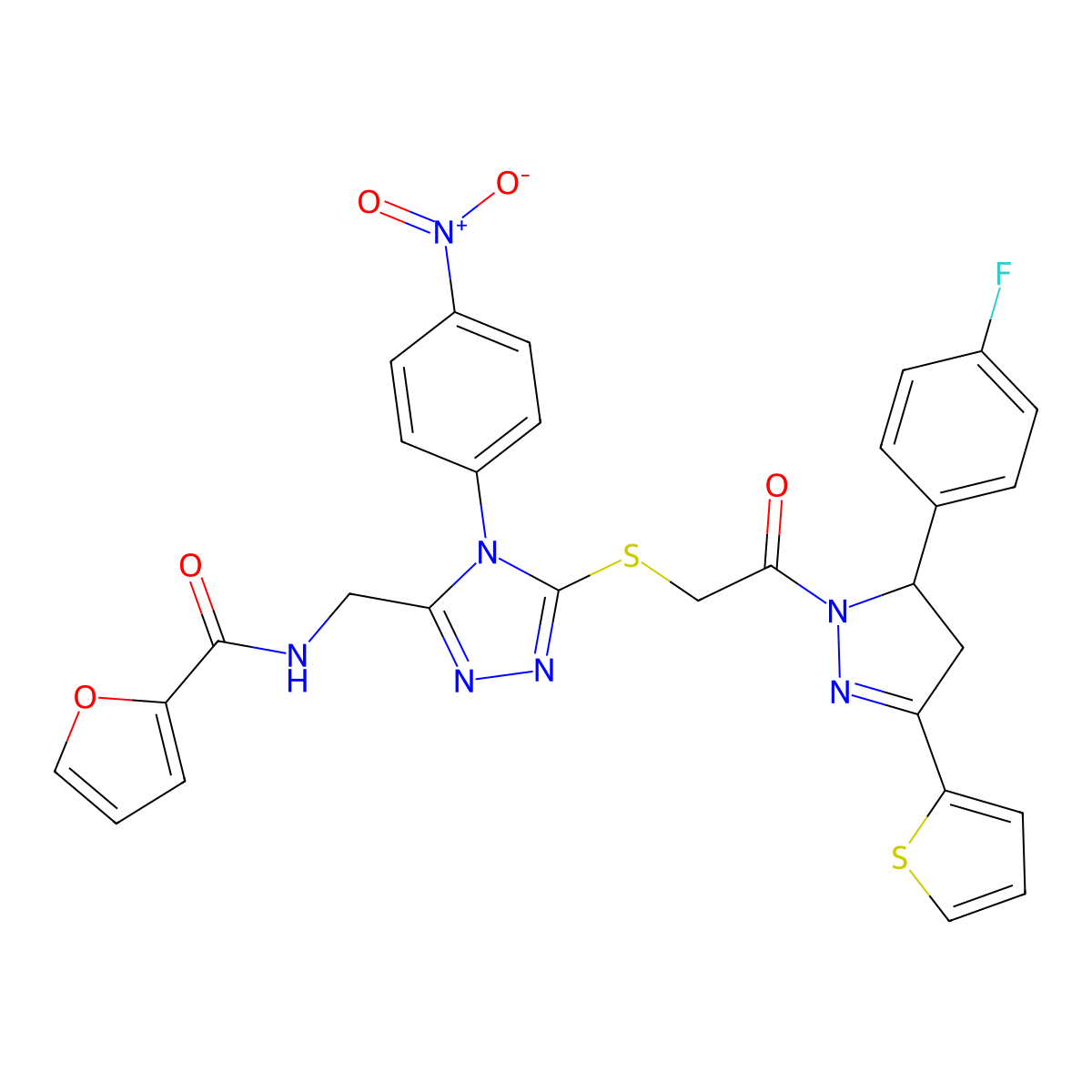 N-((5-((2-(5-(4-fluorophenyl)-3-(thiophen-2-yl)-4,5-dihydro-1H-pyrazol-1-yl)-2-oxoethyl)thio)-4-(4-nitrophenyl)-4H-1,2,4-triazol-3-yl)methyl)furan-2-carboxamide molecular structure, CAS 393586-16-8