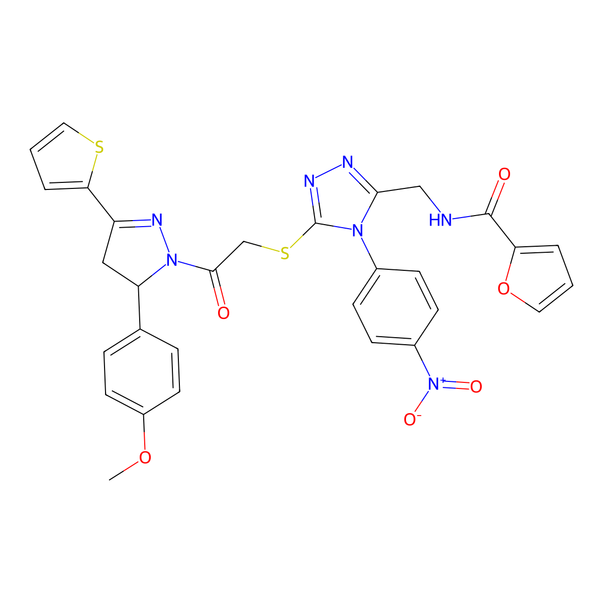 N-((5-((2-(5-(4-methoxyphenyl)-3-(thiophen-2-yl)-4,5-dihydro-1H-pyrazol-1-yl)-2-oxoethyl)thio)-4-(4-nitrophenyl)-4H-1,2,4-triazol-3-yl)methyl)furan-2-carboxamide molecular structure, CAS 393586-17-9