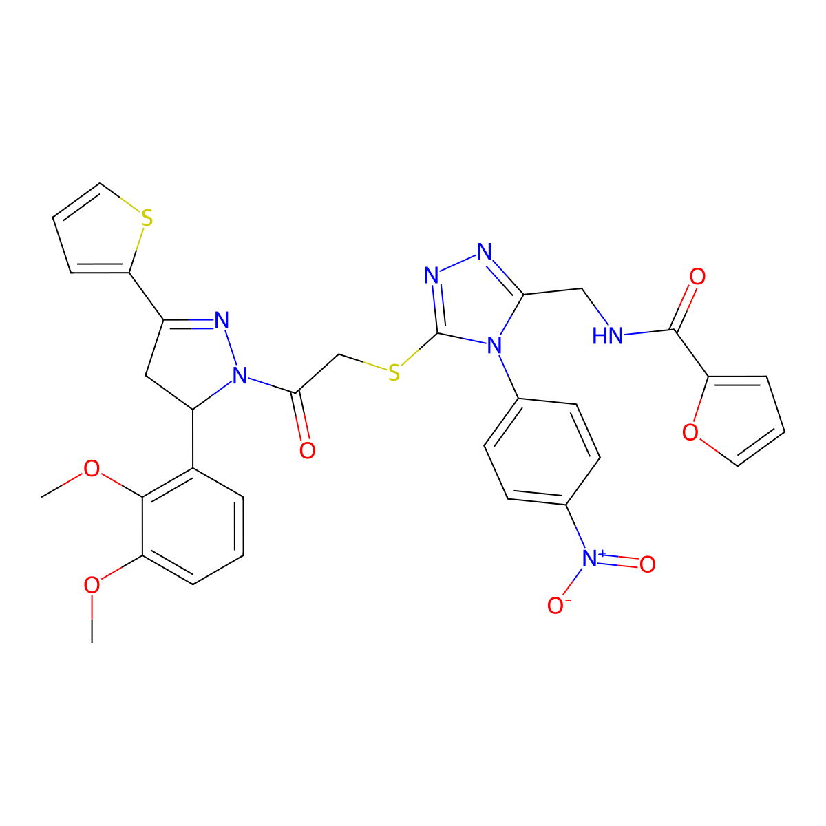 N-[[5-[2-[3-(2,3-dimethoxyphenyl)-5-thiophen-2-yl-3,4-dihydropyrazol-2-yl]-2-oxoethyl]sulfanyl-4-(4-nitrophenyl)-1,2,4-triazol-3-yl]methyl]furan-2-carboxamide molecular structure, CAS 393586-20-4