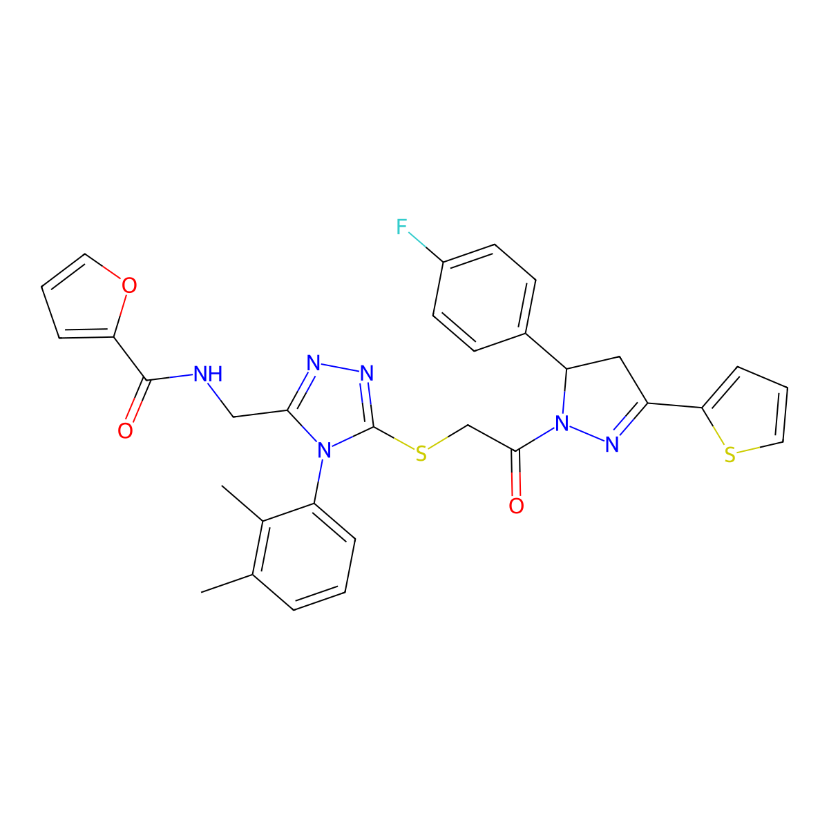 N-[[4-(2,3-dimethylphenyl)-5-[2-[3-(4-fluorophenyl)-5-thiophen-2-yl-3,4-dihydropyrazol-2-yl]-2-oxoethyl]sulfanyl-1,2,4-triazol-3-yl]methyl]furan-2-carboxamide molecular structure, CAS 393586-22-6