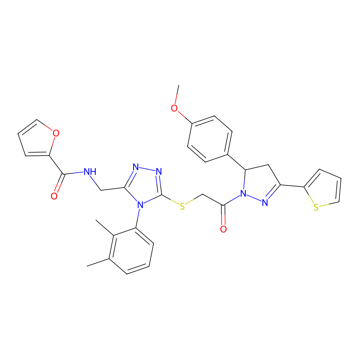 N-((4-(2,3-dimethylphenyl)-5-((2-(5-(4-methoxyphenyl)-3-(thiophen-2-yl)-4,5-dihydro-1H-pyrazol-1-yl)-2-oxoethyl)thio)-4H-1,2,4-triazol-3-yl)methyl)furan-2-carboxamide molecular structure, CAS 393586-23-7