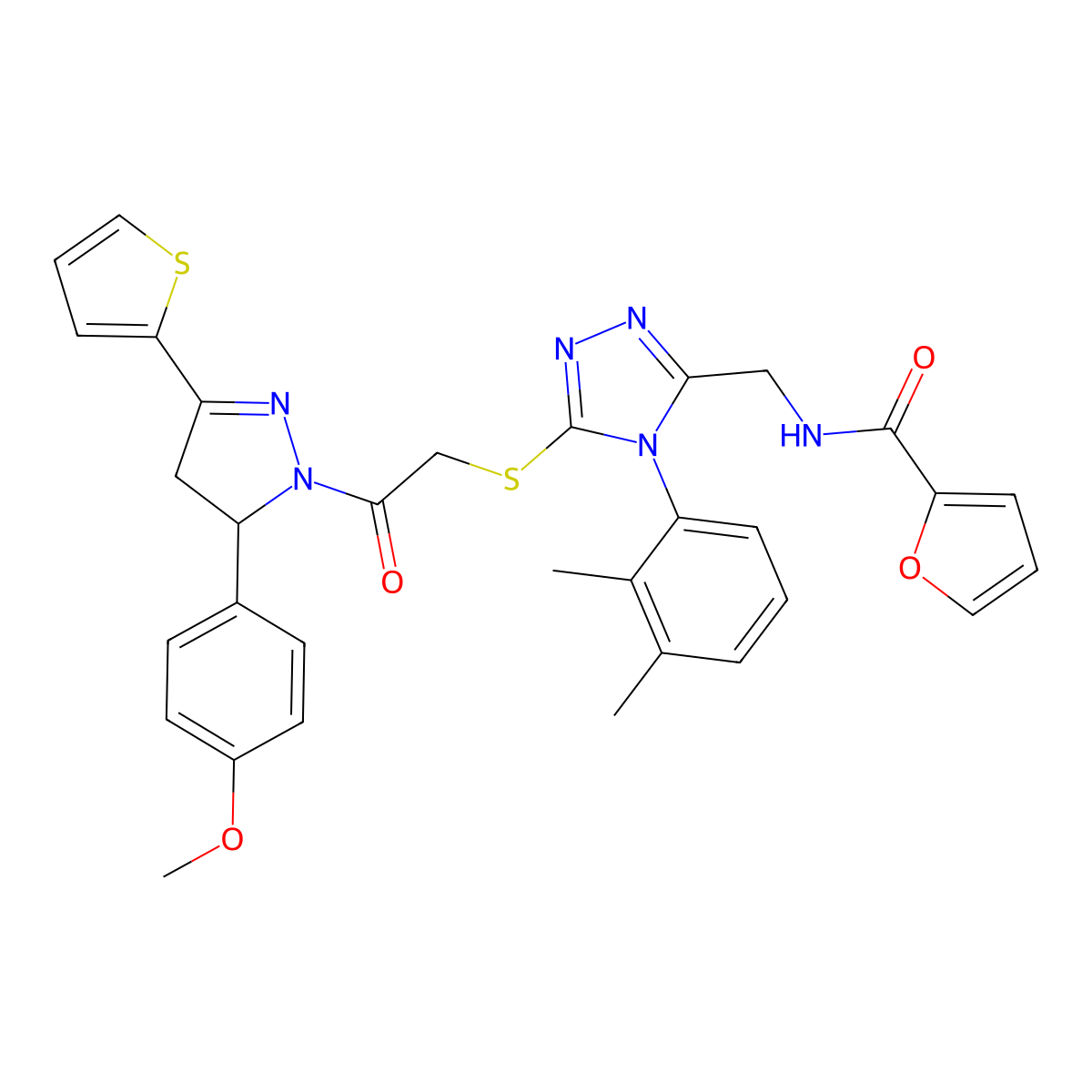 N-((4-(2,3-dimethylphenyl)-5-((2-(5-(4-methoxyphenyl)-3-(thiophen-2-yl)-4,5-dihydro-1H-pyrazol-1-yl)-2-oxoethyl)thio)-4H-1,2,4-triazol-3-yl)methyl)furan-2-carboxamide molecular structure, CAS 393586-23-7