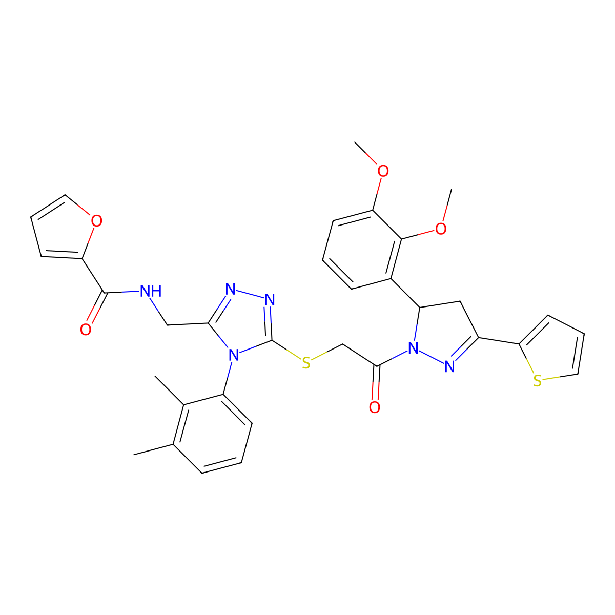 N-[[5-[2-[3-(2,3-dimethoxyphenyl)-5-thiophen-2-yl-3,4-dihydropyrazol-2-yl]-2-oxoethyl]sulfanyl-4-(2,3-dimethylphenyl)-1,2,4-triazol-3-yl]methyl]furan-2-carboxamide molecular structure, CAS 393586-26-0