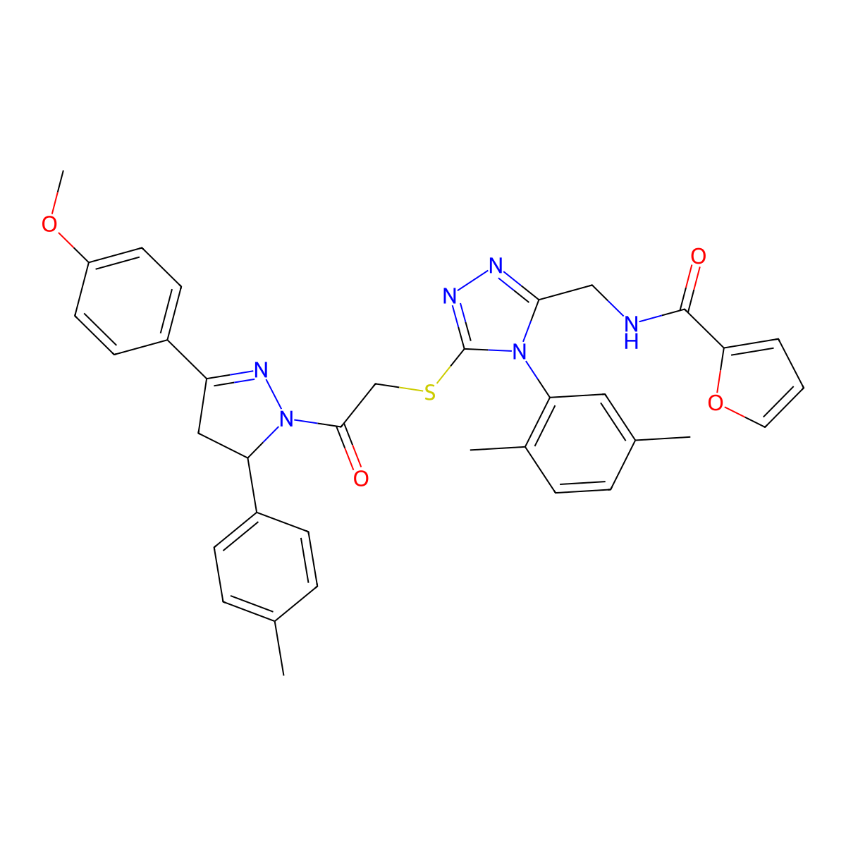N-((4-(2,5-dimethylphenyl)-5-((2-(3-(4-methoxyphenyl)-5-(p-tolyl)-4,5-dihydro-1H-pyrazol-1-yl)-2-oxoethyl)thio)-4H-1,2,4-triazol-3-yl)methyl)furan-2-carboxamide molecular structure, CAS 393586-27-1