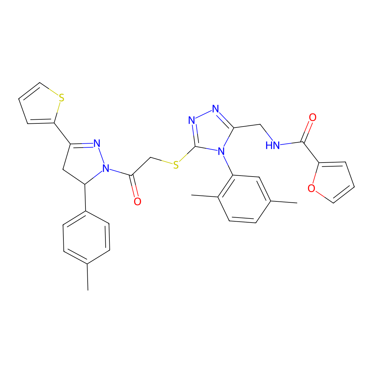 N-[[4-(2,5-dimethylphenyl)-5-[2-[3-(4-methylphenyl)-5-thiophen-2-yl-3,4-dihydropyrazol-2-yl]-2-oxoethyl]sulfanyl-1,2,4-triazol-3-yl]methyl]furan-2-carboxamide molecular structure, CAS 393586-28-2
