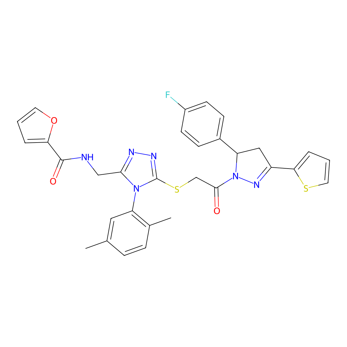 N-((4-(2,5-dimethylphenyl)-5-((2-(5-(4-fluorophenyl)-3-(thiophen-2-yl)-4,5-dihydro-1H-pyrazol-1-yl)-2-oxoethyl)thio)-4H-1,2,4-triazol-3-yl)methyl)furan-2-carboxamide molecular structure, CAS 393586-31-7