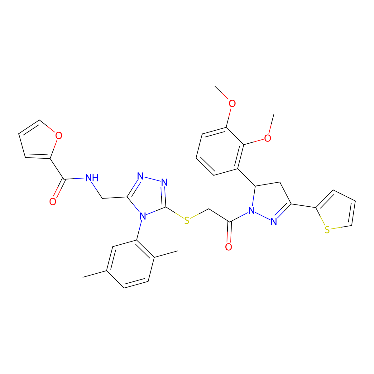 N-((5-((2-(5-(2,3-dimethoxyphenyl)-3-(thiophen-2-yl)-4,5-dihydro-1H-pyrazol-1-yl)-2-oxoethyl)thio)-4-(2,5-dimethylphenyl)-4H-1,2,4-triazol-3-yl)methyl)furan-2-carboxamide molecular structure, CAS 393586-36-2