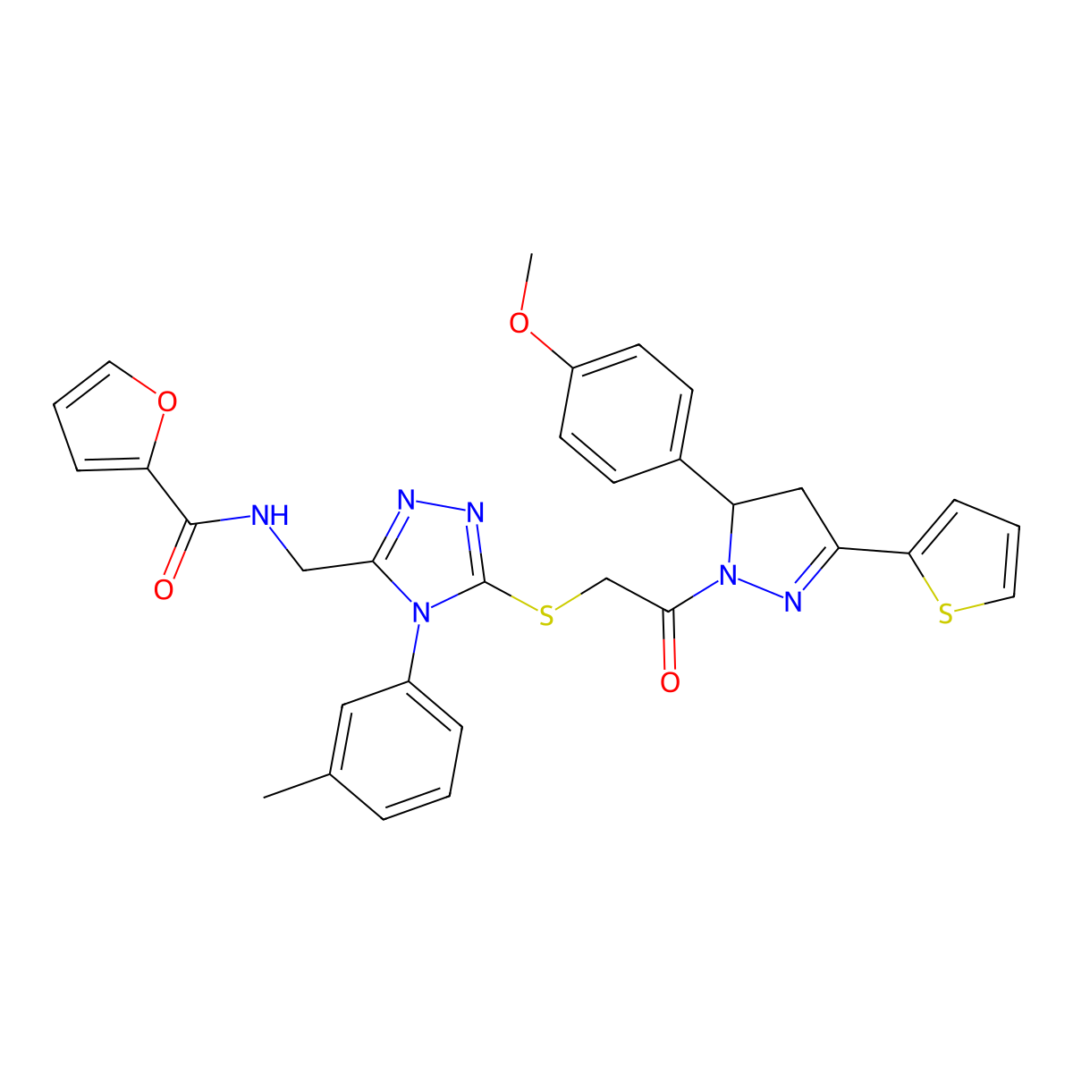 N-[[5-[2-[3-(4-methoxyphenyl)-5-thiophen-2-yl-3,4-dihydropyrazol-2-yl]-2-oxoethyl]sulfanyl-4-(3-methylphenyl)-1,2,4-triazol-3-yl]methyl]furan-2-carboxamide molecular structure, CAS 393586-37-3