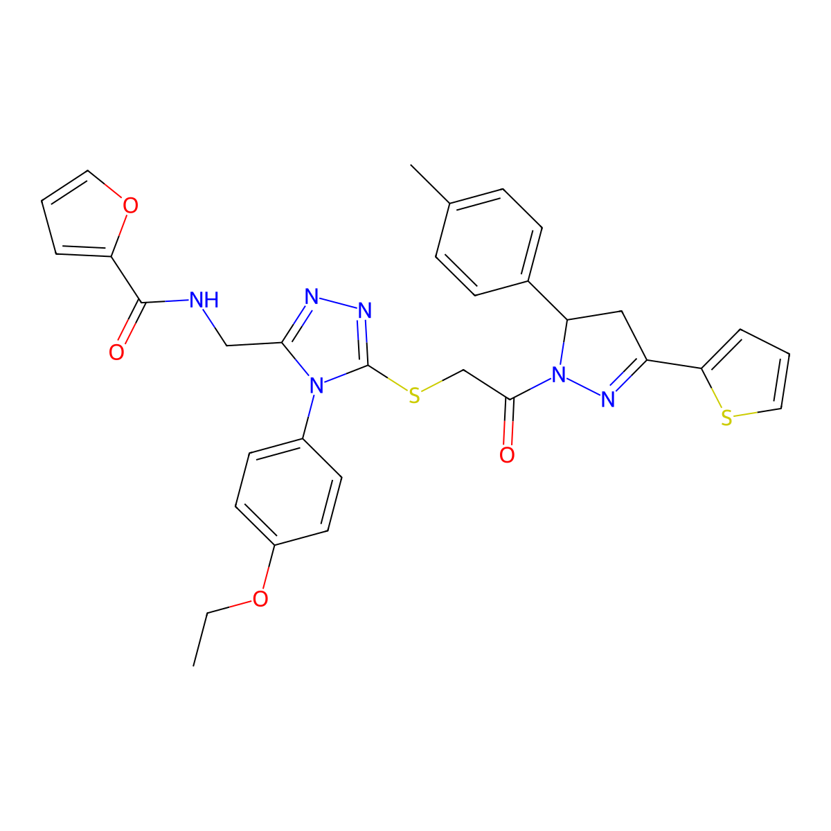 N-((4-(4-ethoxyphenyl)-5-((2-oxo-2-(3-(thiophen-2-yl)-5-(p-tolyl)-4,5-dihydro-1H-pyrazol-1-yl)ethyl)thio)-4H-1,2,4-triazol-3-yl)methyl)furan-2-carboxamide molecular structure, CAS 393586-40-8