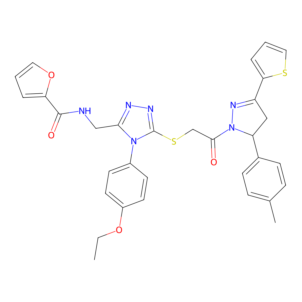 N-((4-(4-ethoxyphenyl)-5-((2-oxo-2-(3-(thiophen-2-yl)-5-(p-tolyl)-4,5-dihydro-1H-pyrazol-1-yl)ethyl)thio)-4H-1,2,4-triazol-3-yl)methyl)furan-2-carboxamide molecular structure, CAS 393586-40-8