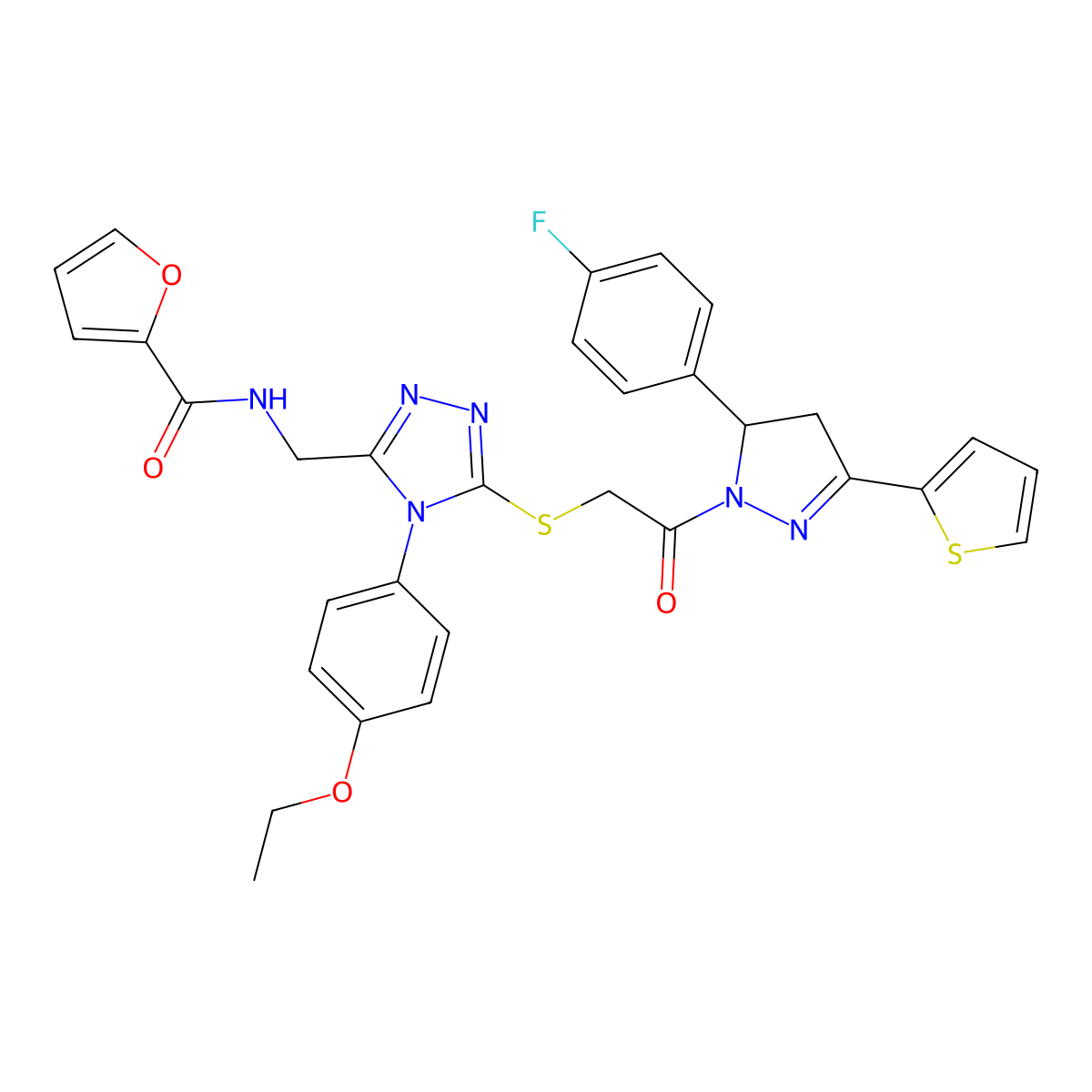 N-((4-(4-ethoxyphenyl)-5-((2-(5-(4-fluorophenyl)-3-(thiophen-2-yl)-4,5-dihydro-1H-pyrazol-1-yl)-2-oxoethyl)thio)-4H-1,2,4-triazol-3-yl)methyl)furan-2-carboxamide molecular structure, CAS 393586-42-0