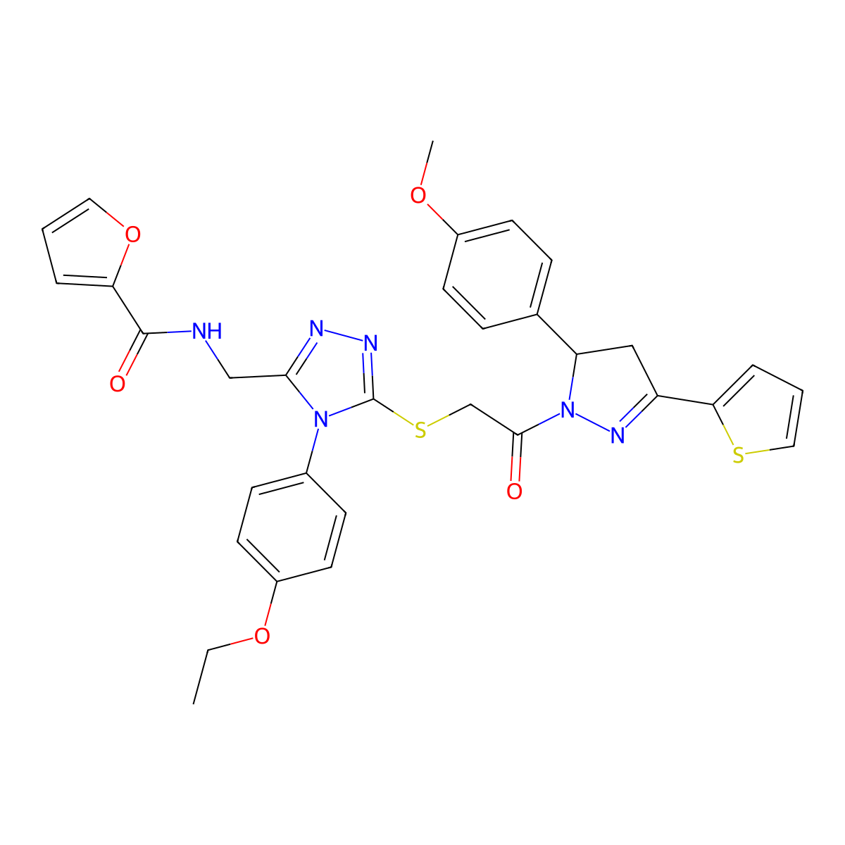 N-[[4-(4-ethoxyphenyl)-5-[2-[3-(4-methoxyphenyl)-5-thiophen-2-yl-3,4-dihydropyrazol-2-yl]-2-oxoethyl]sulfanyl-1,2,4-triazol-3-yl]methyl]furan-2-carboxamide molecular structure, CAS 393586-43-1