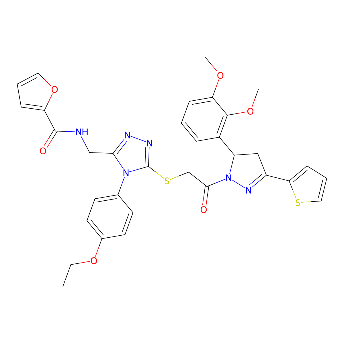 N-[[5-[2-[3-(2,3-dimethoxyphenyl)-5-thiophen-2-yl-3,4-dihydropyrazol-2-yl]-2-oxoethyl]sulfanyl-4-(4-ethoxyphenyl)-1,2,4-triazol-3-yl]methyl]furan-2-carboxamide molecular structure, CAS 393586-46-4