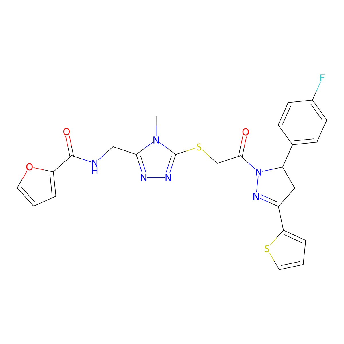 N-[[5-[2-[3-(4-fluorophenyl)-5-thiophen-2-yl-3,4-dihydropyrazol-2-yl]-2-oxoethyl]sulfanyl-4-methyl-1,2,4-triazol-3-yl]methyl]furan-2-carboxamide molecular structure, CAS 393586-47-5