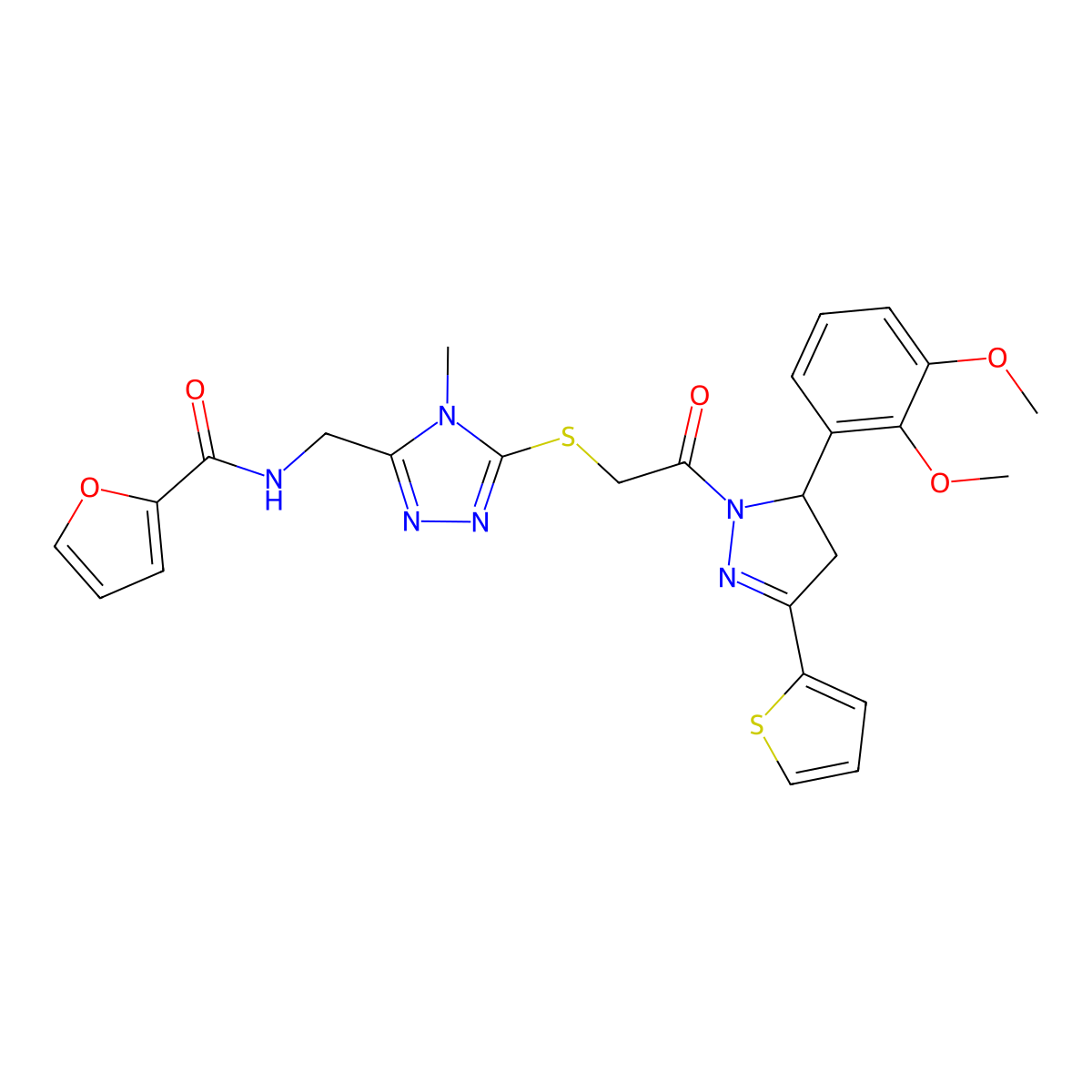 N-((5-((2-(5-(2,3-dimethoxyphenyl)-3-(thiophen-2-yl)-4,5-dihydro-1H-pyrazol-1-yl)-2-oxoethyl)thio)-4-methyl-4H-1,2,4-triazol-3-yl)methyl)furan-2-carboxamide molecular structure, CAS 393586-49-7