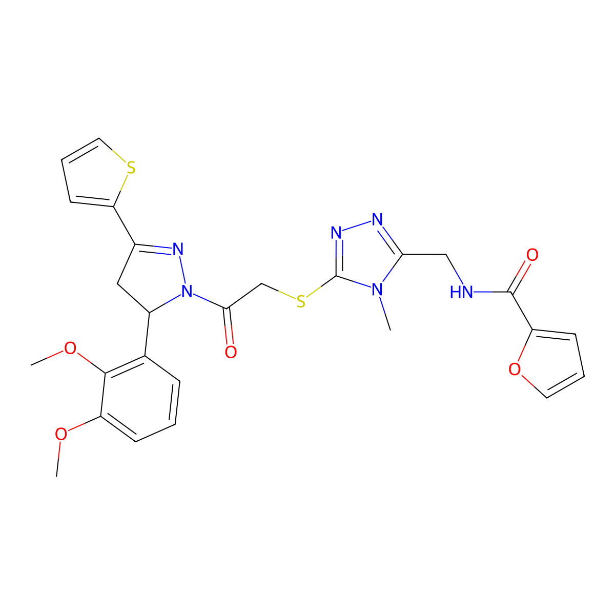 N-((5-((2-(5-(2,3-dimethoxyphenyl)-3-(thiophen-2-yl)-4,5-dihydro-1H-pyrazol-1-yl)-2-oxoethyl)thio)-4-methyl-4H-1,2,4-triazol-3-yl)methyl)furan-2-carboxamide molecular structure, CAS 393586-49-7
