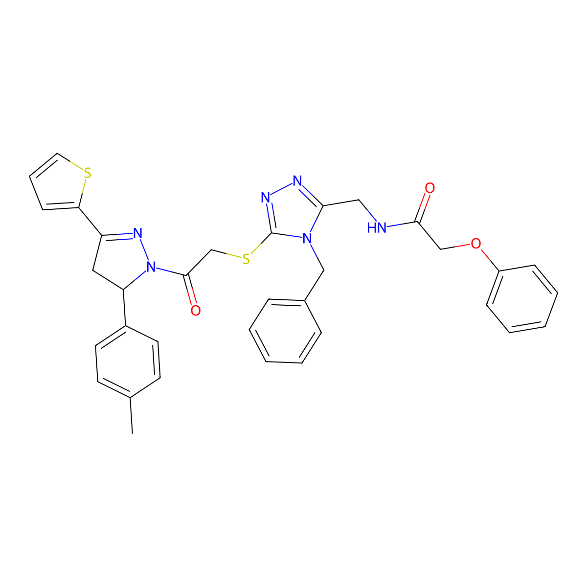 N-((4-benzyl-5-((2-oxo-2-(3-(thiophen-2-yl)-5-(p-tolyl)-4,5-dihydro-1H-pyrazol-1-yl)ethyl)thio)-4H-1,2,4-triazol-3-yl)methyl)-2-phenoxyacetamide molecular structure, CAS 393783-06-7