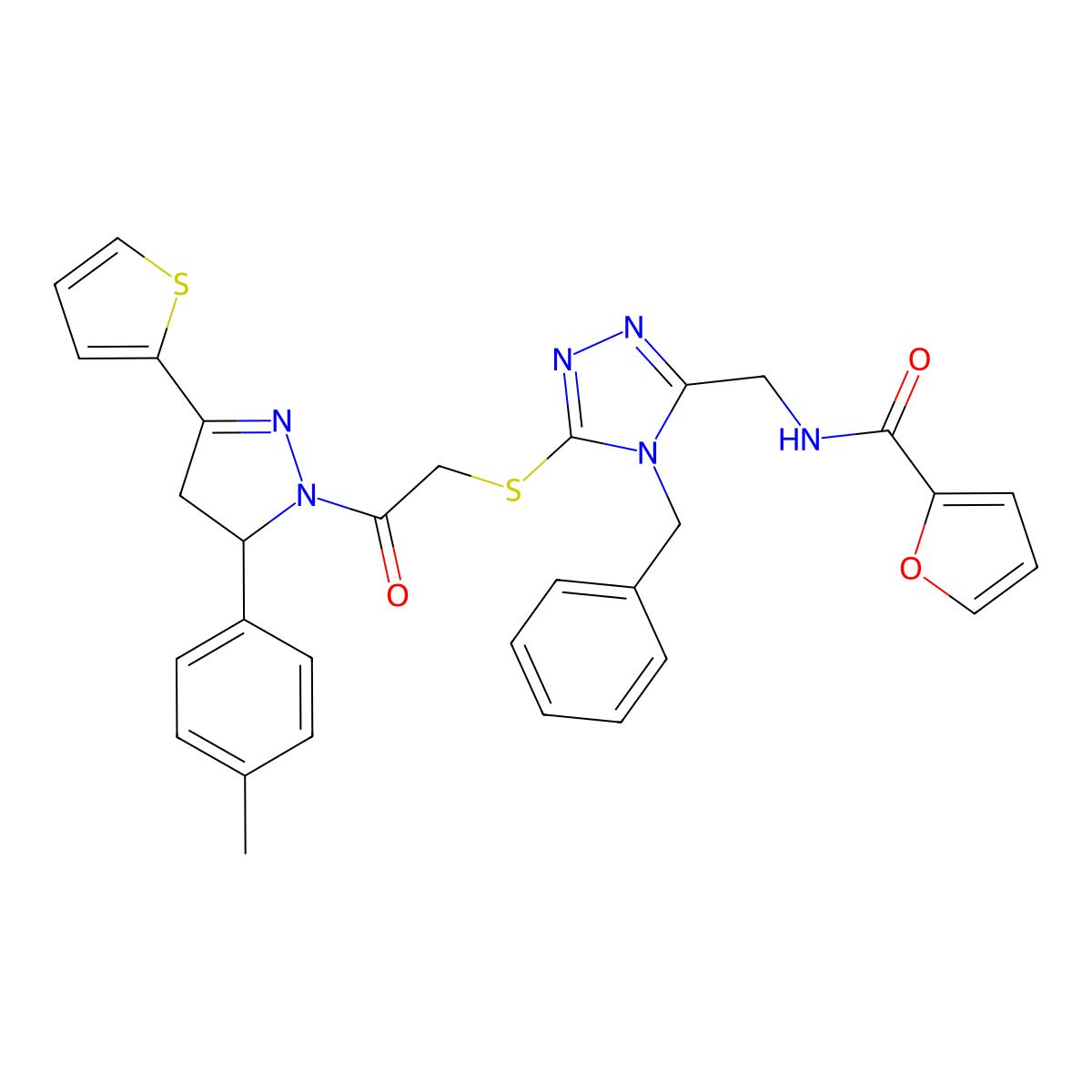 N-((4-benzyl-5-((2-oxo-2-(3-(thiophen-2-yl)-5-(p-tolyl)-4,5-dihydro-1H-pyrazol-1-yl)ethyl)thio)-4H-1,2,4-triazol-3-yl)methyl)furan-2-carboxamide molecular structure, CAS 393783-07-8