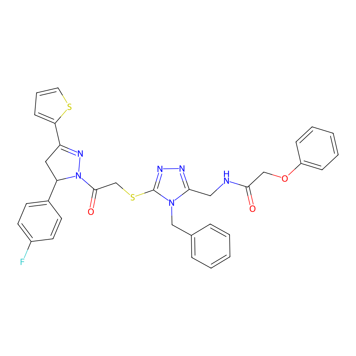 N-((4-benzyl-5-((2-(5-(4-fluorophenyl)-3-(thiophen-2-yl)-4,5-dihydro-1H-pyrazol-1-yl)-2-oxoethyl)thio)-4H-1,2,4-triazol-3-yl)methyl)-2-phenoxyacetamide molecular structure, CAS 393783-18-1
