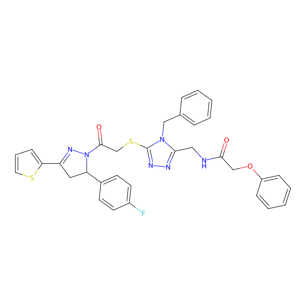N-((4-benzyl-5-((2-(5-(4-fluorophenyl)-3-(thiophen-2-yl)-4,5-dihydro-1H-pyrazol-1-yl)-2-oxoethyl)thio)-4H-1,2,4-triazol-3-yl)methyl)-2-phenoxyacetamide molecular structure, CAS 393783-18-1