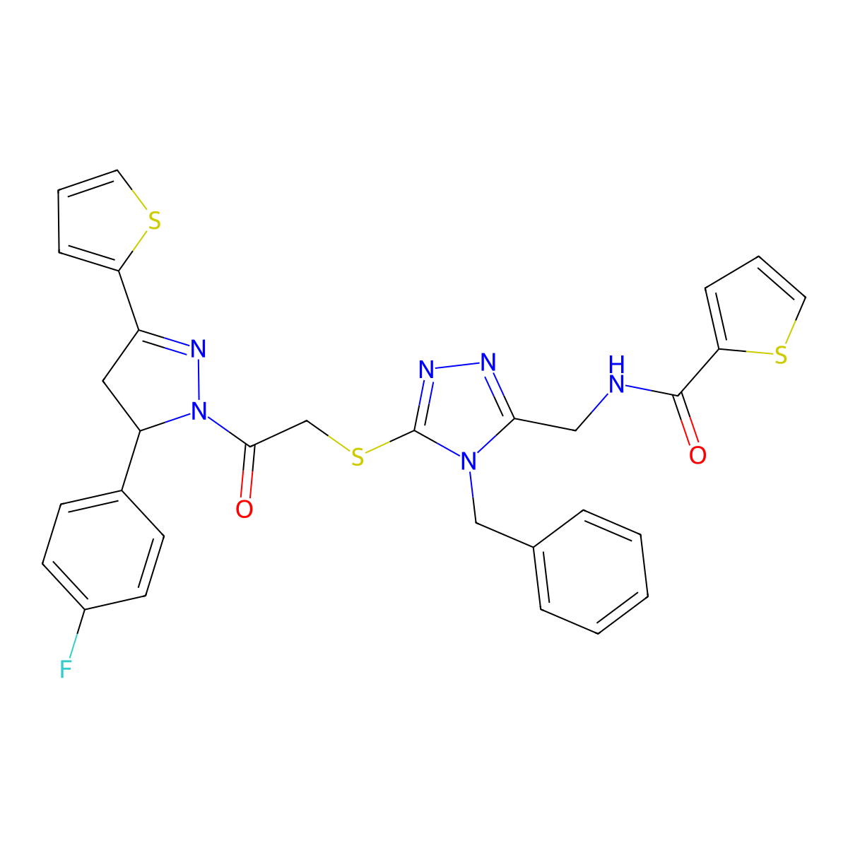 N-((4-benzyl-5-((2-(5-(4-fluorophenyl)-3-(thiophen-2-yl)-4,5-dihydro-1H-pyrazol-1-yl)-2-oxoethyl)thio)-4H-1,2,4-triazol-3-yl)methyl)thiophene-2-carboxamide molecular structure, CAS 393783-19-2