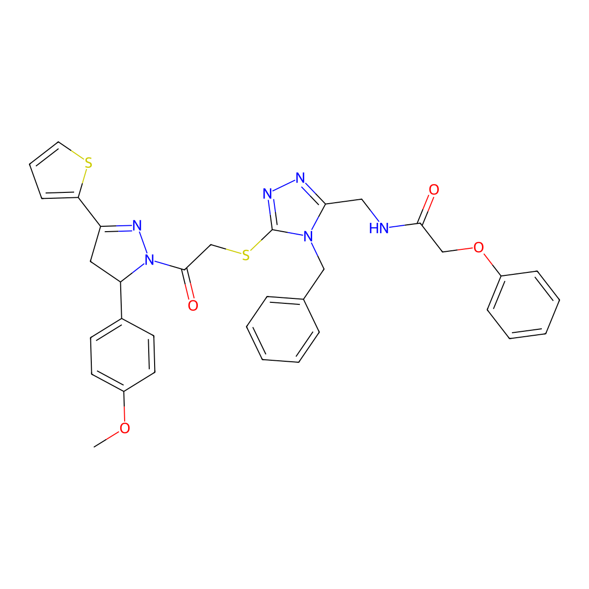 N-((4-benzyl-5-((2-(5-(4-methoxyphenyl)-3-(thiophen-2-yl)-4,5-dihydro-1H-pyrazol-1-yl)-2-oxoethyl)thio)-4H-1,2,4-triazol-3-yl)methyl)-2-phenoxyacetamide molecular structure, CAS 393783-28-3
