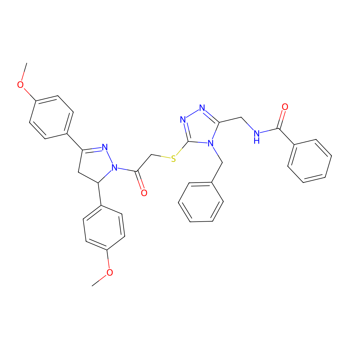 N-{[4-benzyl-5-({2-[3,5-bis(4-methoxyphenyl)-4,5-dihydro-1H-pyrazol-1-yl]-2-oxoethyl}sulfanyl)-4H-1,2,4-triazol-3-yl]methyl}benzamide molecular structure, CAS 393783-29-4