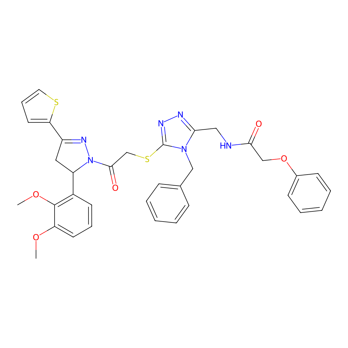 N-((4-benzyl-5-((2-(5-(2,3-dimethoxyphenyl)-3-(thiophen-2-yl)-4,5-dihydro-1H-pyrazol-1-yl)-2-oxoethyl)thio)-4H-1,2,4-triazol-3-yl)methyl)-2-phenoxyacetamide molecular structure, CAS 393783-46-5