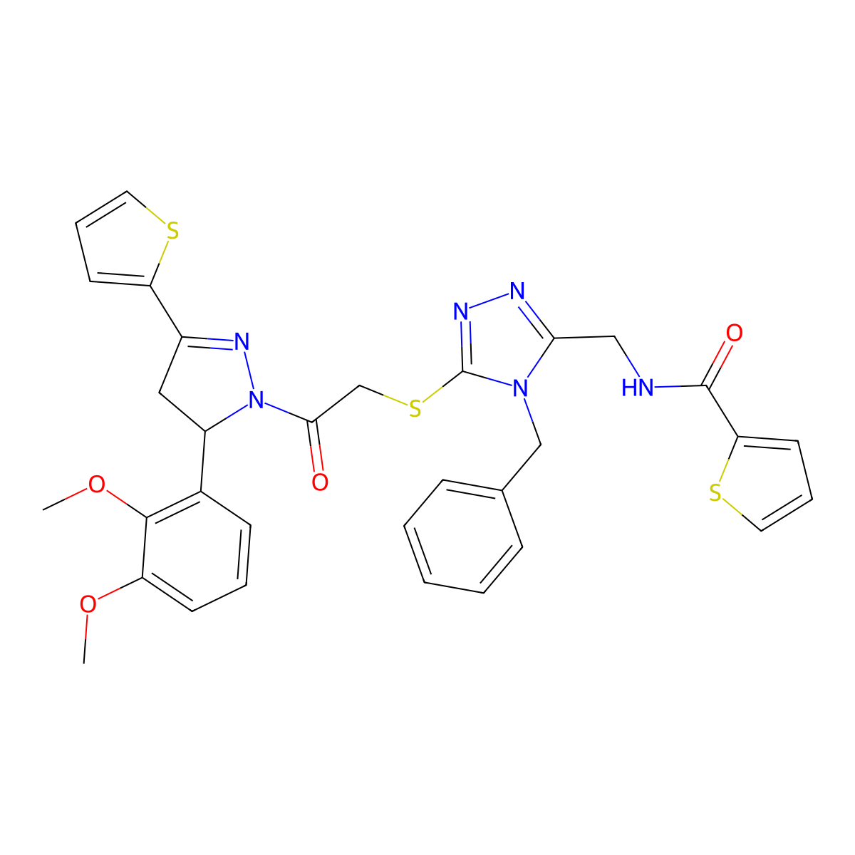 N-[[4-benzyl-5-[2-[3-(2,3-dimethoxyphenyl)-5-thiophen-2-yl-3,4-dihydropyrazol-2-yl]-2-oxoethyl]sulfanyl-1,2,4-triazol-3-yl]methyl]thiophene-2-carboxamide molecular structure, CAS 393783-47-6