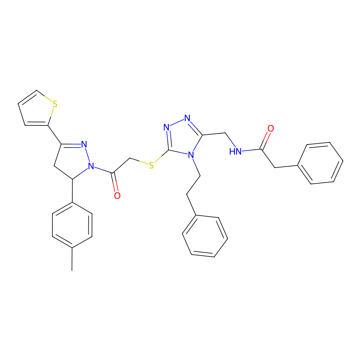 N-((5-((2-oxo-2-(3-(thiophen-2-yl)-5-(p-tolyl)-4,5-dihydro-1H-pyrazol-1-yl)ethyl)thio)-4-phenethyl-4H-1,2,4-triazol-3-yl)methyl)-2-phenylacetamide molecular structure, CAS 393783-56-7