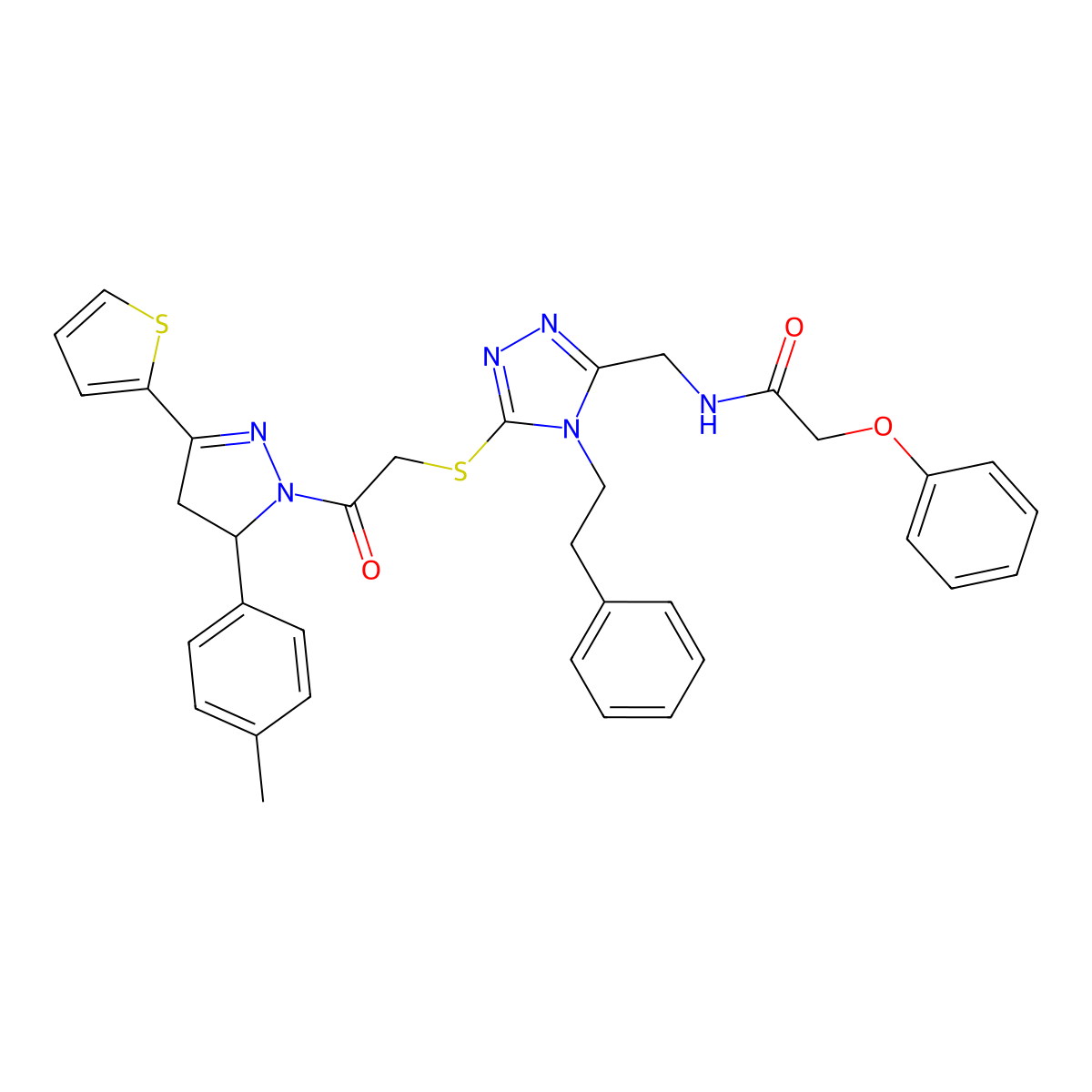 N-((5-((2-oxo-2-(3-(thiophen-2-yl)-5-(p-tolyl)-4,5-dihydro-1H-pyrazol-1-yl)ethyl)thio)-4-phenethyl-4H-1,2,4-triazol-3-yl)methyl)-2-phenoxyacetamide molecular structure, CAS 393783-57-8